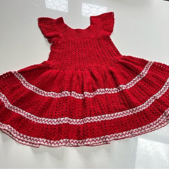 Girls Boho Vintage 1970s Handmade One of a Kind Crocheted Red Pleated Dress - Picture 2 of 7